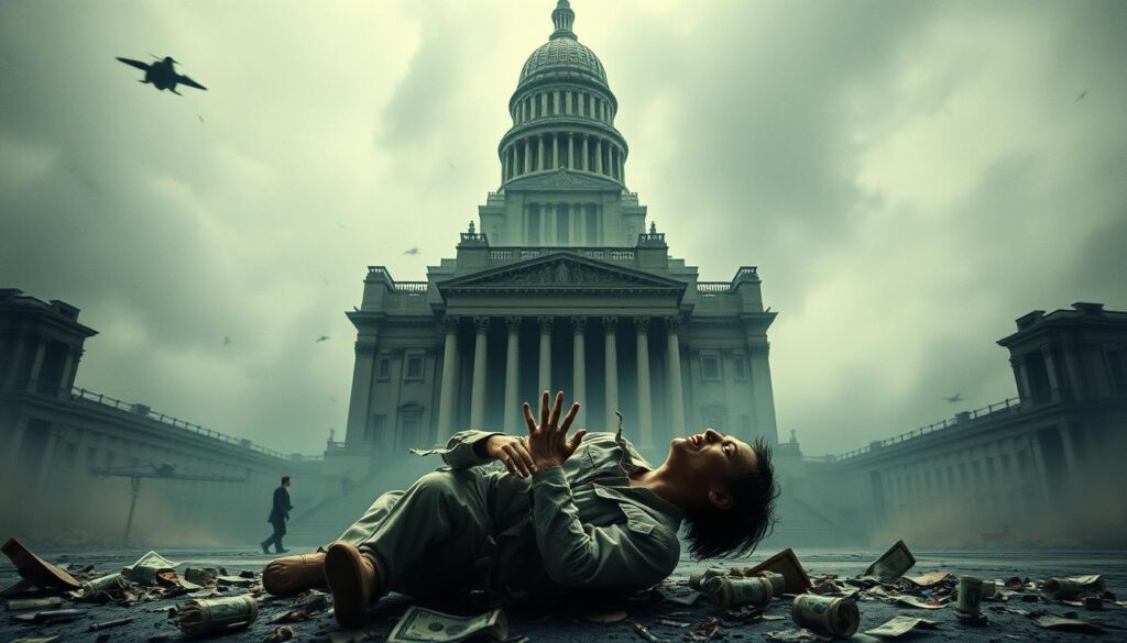 Prompt A surreal, conceptual scene depicting the "scarcity behavioral bill": In the foreground, a fragmented, collapsing human figure is caught in a vortex of frenzied, impulsive decision-making, their self-worth distorted by a sense of scarcity. In the middle ground, a towering, ominous government bureaucracy looms, exerting pressure and compliance. The background is a dystopian cityscape, shrouded in a hazy, dreamlike atmosphere, conveying the psychological toll of living under the shadow of scarcity. Dramatic lighting and a cinematic, wide-angle lens emphasize the gravity and emotional weight of the scene.