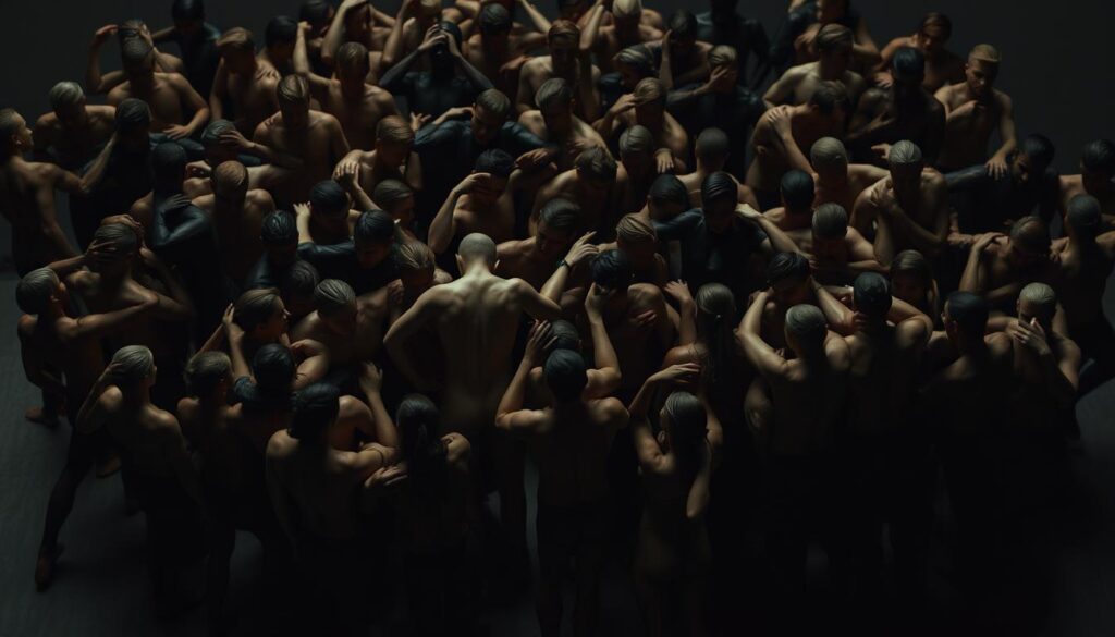 Tight clusters of human figures in dynamic, expressive poses, conveying subtle body language cues. Figures arranged in a variety of close-knit groupings, with overlapping limbs and intertwined movements. Muted, naturalistic lighting illuminates their forms, creating a sense of intimacy and intensity. The scene is captured with a wide, cinematic lens, allowing the viewer to study the intricate details and nuances of the body language displayed. An atmosphere of psychological tension and unease pervades the image, hinting at the deceptive subtext underlying the interactions. Minimal background elements keep the focus on the interplay of the figures and their telling bodily expressions.