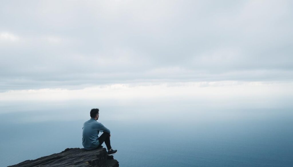 a serene, calming landscape with a person sitting alone on a cliff's edge, gazing out at the vast ocean beneath a cloudy, atmospheric sky. the person's posture and expression convey a sense of contemplation and introspection, reflecting the mental health impact and inner turmoil. the scene is lit by soft, diffused natural light, creating a pensive and melancholic mood. the composition emphasizes the person's isolation and vulnerability, highlighting the theme of the power dynamics and emotional toll in interpersonal relationships.